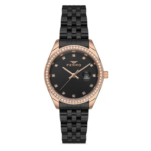 Ferro F21923A-R Analog Crystal Black Round Dial Watch For Women