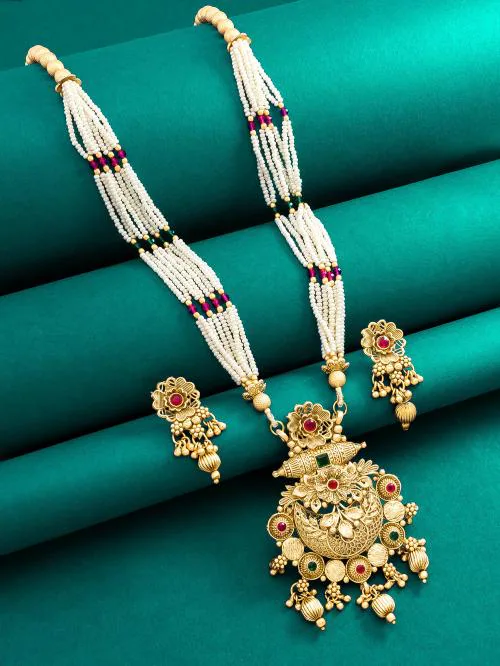 Aadita Trendy Gold Plated Floral Work Bead Chain Temple Necklace Set (Girls) NK3849
