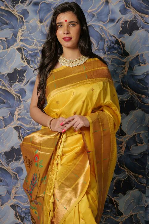 IRAAH Yellow Pure Silk Saree with Golden Zari Border