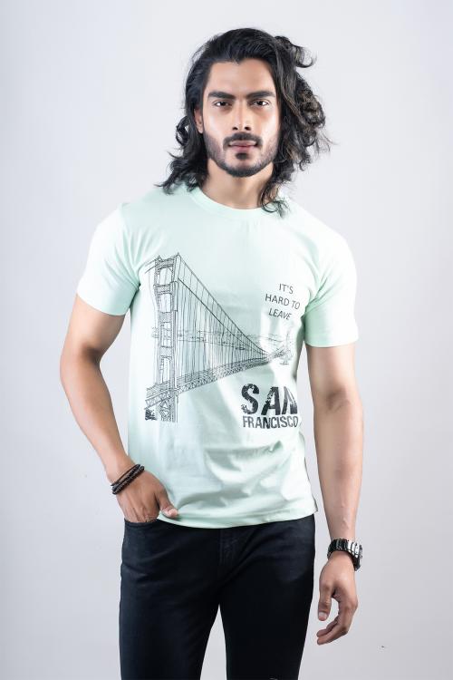 Tuedd Men's Half Sleeves Round Neck Regular Fit Premium Cotton Printed Mint Green T-Shirt