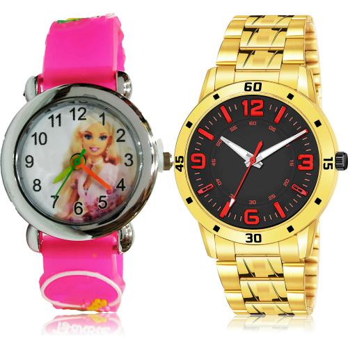 TIMENTER Best Diwali Doll Kids And Gold Chain Pink And Gold Colour Analog Plastic And Stainless Steel Belt 2 Watch Combo For Boys And Men - BK21-(47-S-21)
