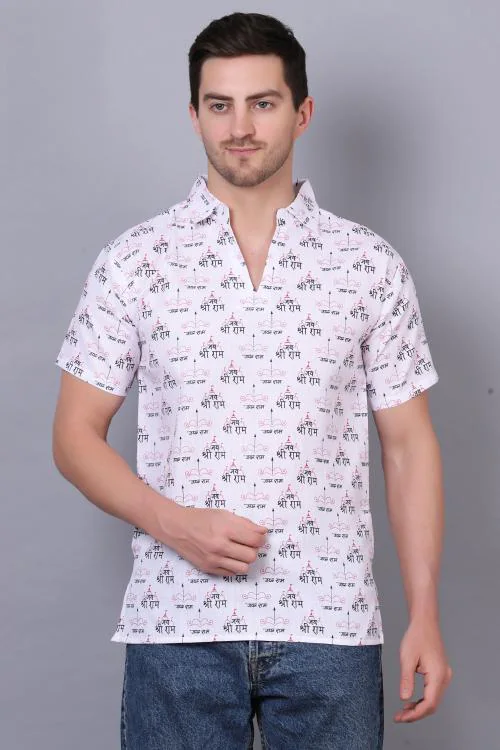 AXOLOTL Premium Jay Shree Ram Religious Print Cotton Blend Men Short Kurta