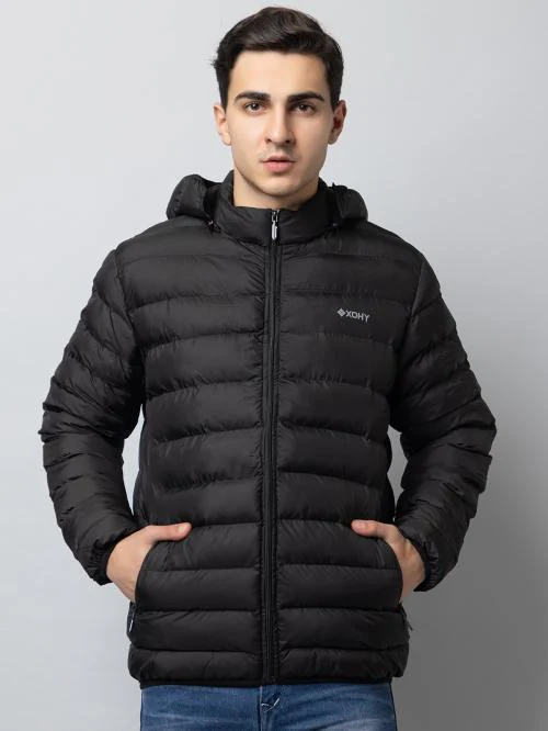 XOHY Men's Full Sleave winter wear men jacket | Nylon Fabric Hooded Neck Jacket for Men - Black