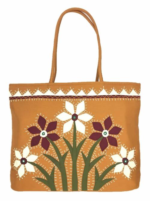 SriAog Ladies Tote bag with Zip Large Size Stylish Women Party Hand bags Banjara Cotton Gold Tote (18x13x4 Embroidery threads work)