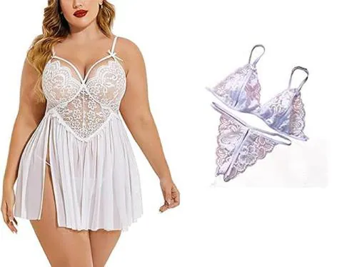 FASHION BONES Plus Size Combo Lingerie Lace Babydoll Womens Strap Chemise Nightgown V Neck Nighty Mesh Sleepwear Side Slit Nightdress (White) (S)