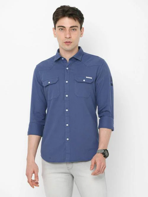 Fly69 Casual Men's Double Pocket Shirts Blue Colour S Size | Slim Fit Casual Shirts | 100% Cotton Casual Shirts