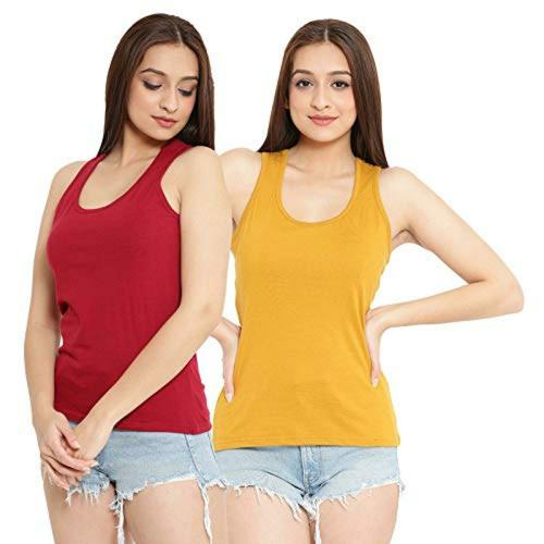 WYC Women Maroon And Mustard, Yellow Cotton Pack of 2 Camisole (S)