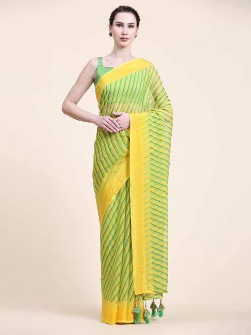Rujave Women Light Green Striped Chiffon Banarasi Saree