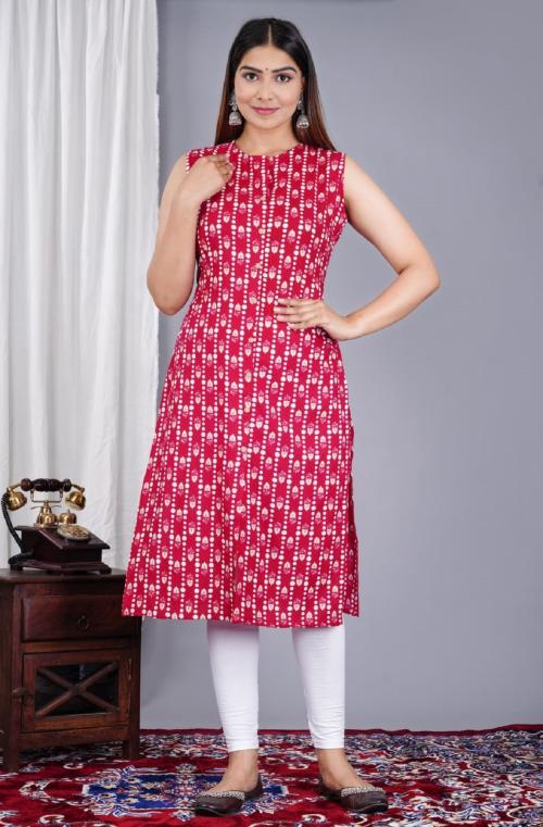 Subika Textile Women's Rayon Printed Split Cut Sleeveless Kurti (Red-XXL)