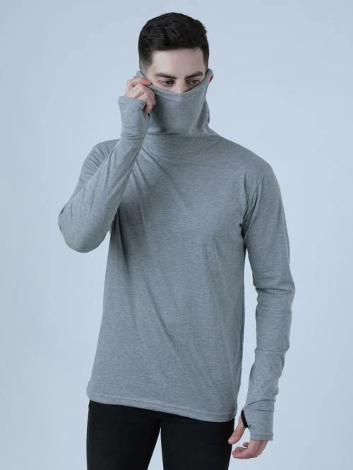 PAUSE Silver Solid Turtle Neck Slim Fit Full Sleeve Men's Mask T-Shirt