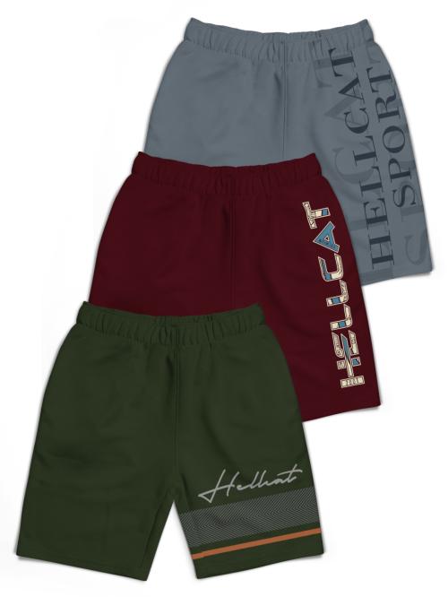 HELLCAT Pack of 3 Olive Green Burgundy Dark Grey Trendy Typographic With Branding Printed Shorts for Boys