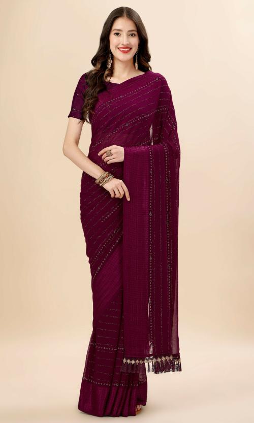 Rekha Maniyar Women's Diamond And Moti Work And Heavy Sequence Crochet Wine Saree With Woven Blouse Piece