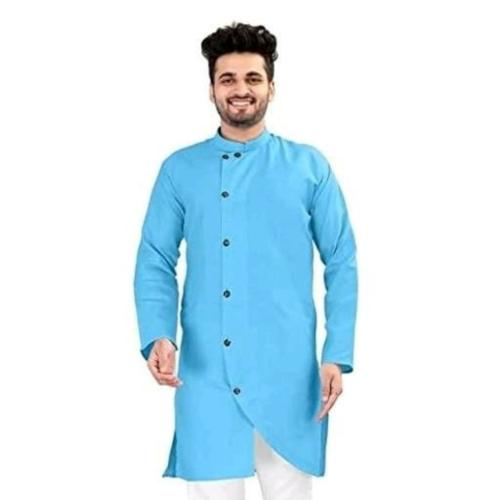 MJBROTHERS Mens Side Button Fancy Cross Pattern and classis Premium Cotton Kurta (Only Kurta)-SKY-XXL
