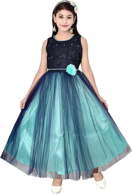 Naarz Fashion Girls Blue Solid Net Maxi Gown Dress (9 to 10 Years)