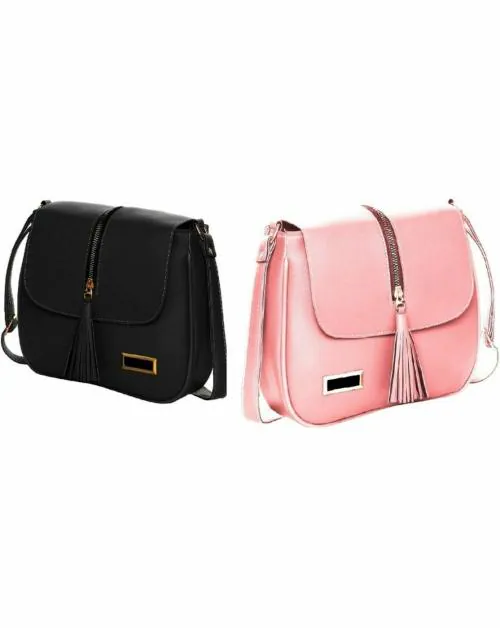 SAHAL FASHION Black and Pink PU Sling Bags 7 L - Medium (Pack of 2)