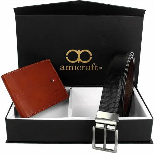 Amicraft Men Black, Tan Wallet And Belt (Combo Of 2)