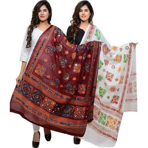 KKC -KIANA DRESSES Women White Embroidered Cotton Blend Dupatta