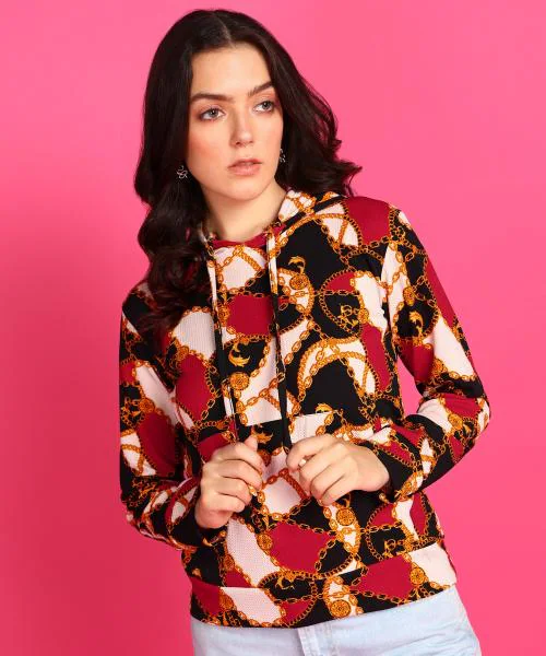 Popwings Women Casual Multicolor Chain Print Hooded Pocket Sweatshirt | Printed Sweatshirts | Women Sweatshirts | Winter Wear Sweatshirts | Latest Design Sweatshirts | Trendy Sweatshirts