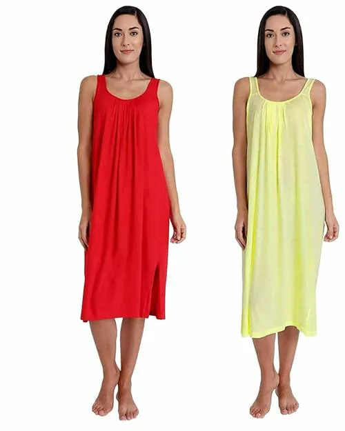 TWGE Cotton Full Length Camisole for Women - Long Inner wear Petticoat - Plus Size Nighty - Kurti and Suit Slip - Lemon & Red Pack of 2