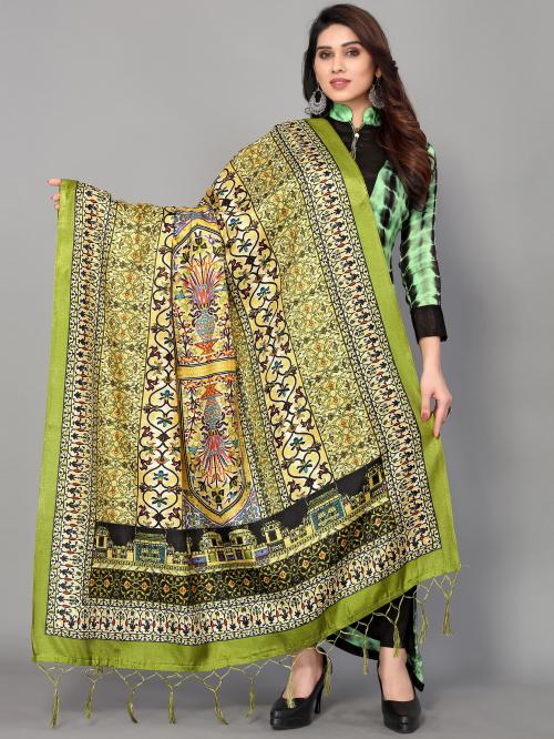 SVENJA Green Mysore Silk Ethnic Print Dupatta_( GOR_D005 )