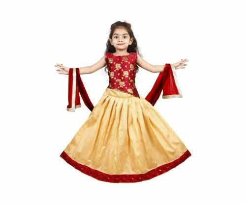 NAZARA FASHION Girls Red Solid Jacquard Lehenga Choli Set With Dupatta ( 2 - 3 Y )