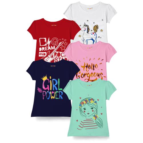 KUCHIPOO Girls Printed Cotton Blend Pack of 5 Tshirts | Tshirt | Kids Wear | T shirt for kids | Girls t tshirts | T shirt for Girls | T shirt | Girl T-shirt | T-shirt Girls
