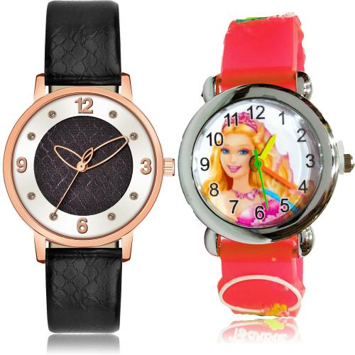 NEUTRON Modern Professional Simple And Doll Kids Black And Red Colour Analog Genuine Leather And Plastic Belt 2 Watch Combo For Women And Girls - GM361-GC74