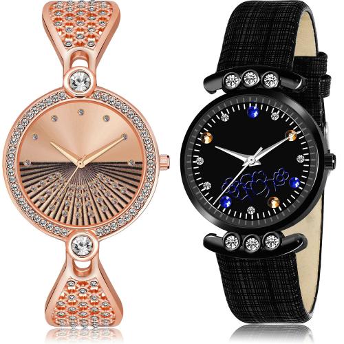 NEUTRON Treading Casual Bracelet Bangle Chain And Simple Rose Gold And Black Colour Analog Metal And Genuine Leather Belt 2 Watch Combo For Women And Girls - GM249-GW2