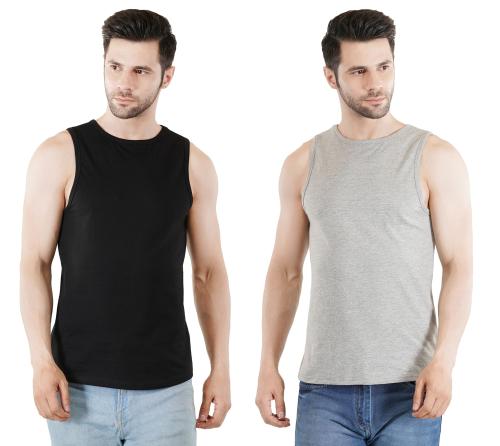 TeeTroopers Pack of 2 Men's 100% Pure Cotton Round Neck Sleeveless Tank Tops Gym and Sportswear Sports Vest (Black_Grey)