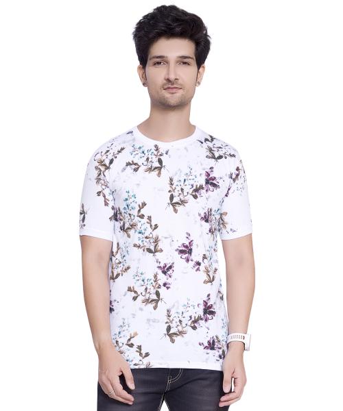 PEPP N HAGG Mens 100% Cotton Biowash Allover Flower Print Round Neck Half Sleeve T-Shirts-SANDEL