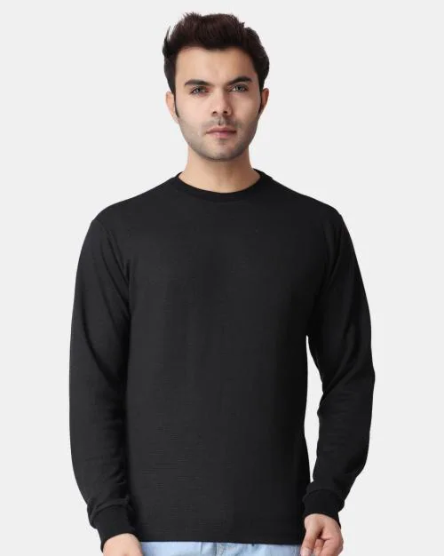 The Label Bar Men's Black Solid Full Sleeve Regular Fit Popcorn Fabric T-Shirt