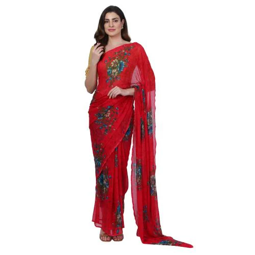 UTHAMAM Rajasthani Jaipuri Flower Printed Chiffon Casual Daily Wear Saree With Blouse