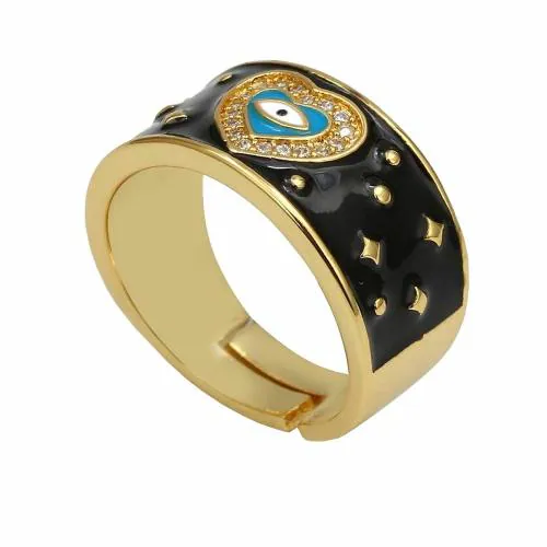 Zivom Heart Evil Eye Black Enamel Gold Copper American Diamond Adjustable Ring For Women