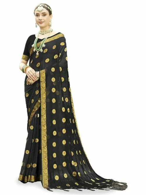 V4M, Women's Latest Trendy Nazneen Chiffon Hand Print Saree With Unstitched Blouse Piece.