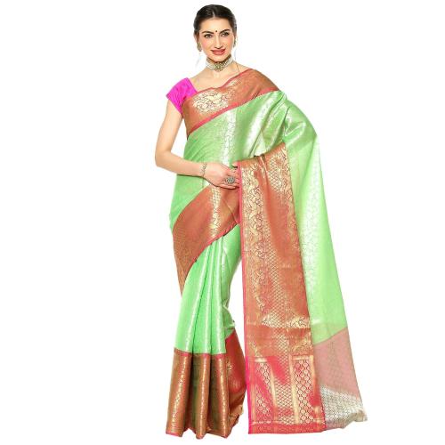 PTIEPLBanarasi Silk Works Green Kanchi Silk Red Pattu Border Banarasi Saree