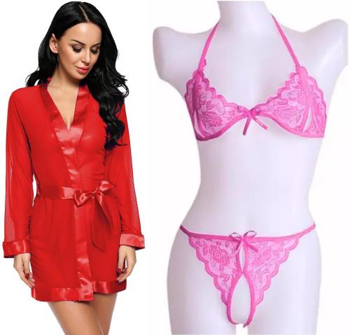 Iyaracollection Women Red Lace Lace, Net Robe And Lingerie Set