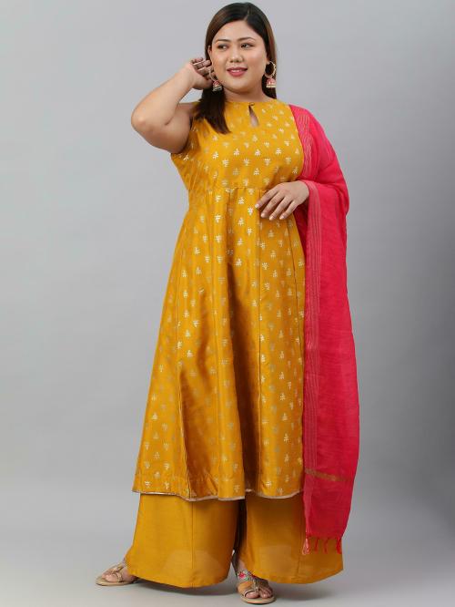 XL LOVE by Janasya Women's Plus Size Mustard Poly Silk Kurti With Palazzo and Dupatta