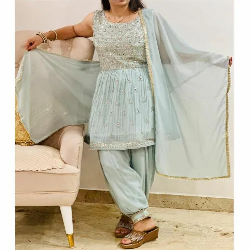 Glatt Afghani frock style salwar suit | Georgette Stylish Women Embroidered Afghani Frock With Salwar Suit Set for Formal Occasion and Festival Wear | Sea Green | Size-Free Size