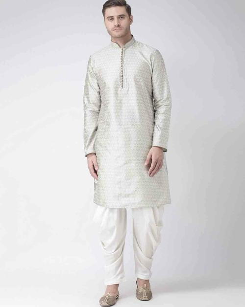 Chitwan Mohan Men  Grey and White Ethnic Motifs Brocade Kurta Set