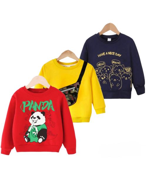 METRO STITCH Boys & Girls Full Sleeve Animal Printed 100% Pure & Premium Cotton Sweatshirt - Bag&Cat&Panda (5-6Years) Multicolor (Pack of 3 Combo)