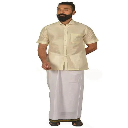 KARNAM Solid Color Men's Silk Shirt | Ethnic and Casual Half Sleeves Art Silk Shirt - S Off White