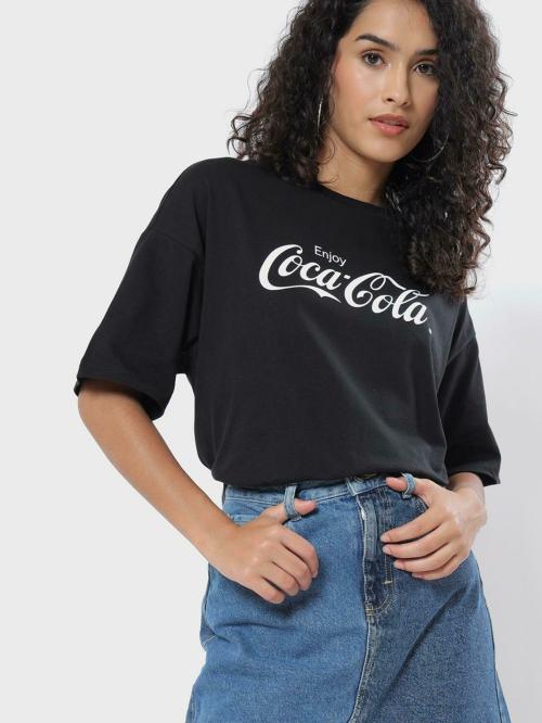 Bewakoof Women's Black Enjoy Coca-Cola Typography Round Neck Short Sleeve Oversized T-shirt