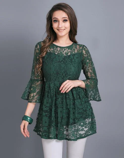 Selvia Women Green Floral Net Top | tops for women | tops | women tops