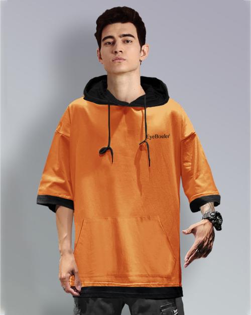 Eyebogler Men's Hooded Neck Oversized Half Sleeves Orange T-Shirt
