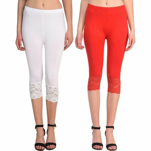 Pixie Skinny Fit 3/4 Lace Capri Leggings for Women Combo Pack of 2 - (White and Red)