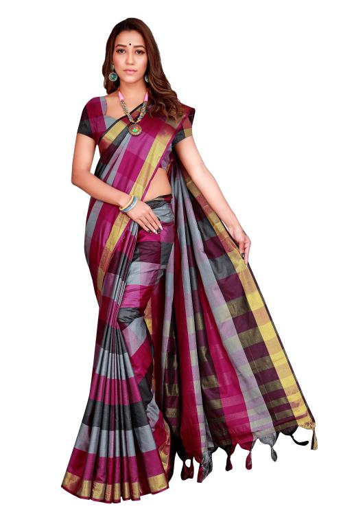 LUXVANI Checkered Daily Wear Cotton Silk Saree (Multicolor)