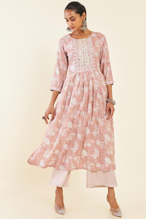 Soch Women Peach Rayon Printed Kurta Set