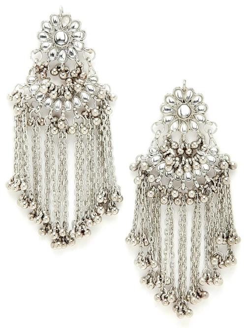 Karatcart Metal Oxidised Silver Kundan Tassel Earrings For Women