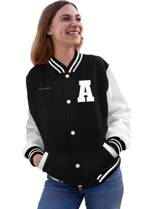 Black - Medium Letter A Letterman Varsity Jacket For Women TeesTheDay