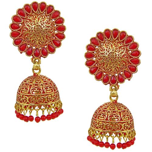 Fresh Vibes Golden Big Size Red Colour Traditional Jhumka Earrings for Women - Fancy & Stylish Wedding Use Heavy Ethnic Long Jhumki Earrings for Girls